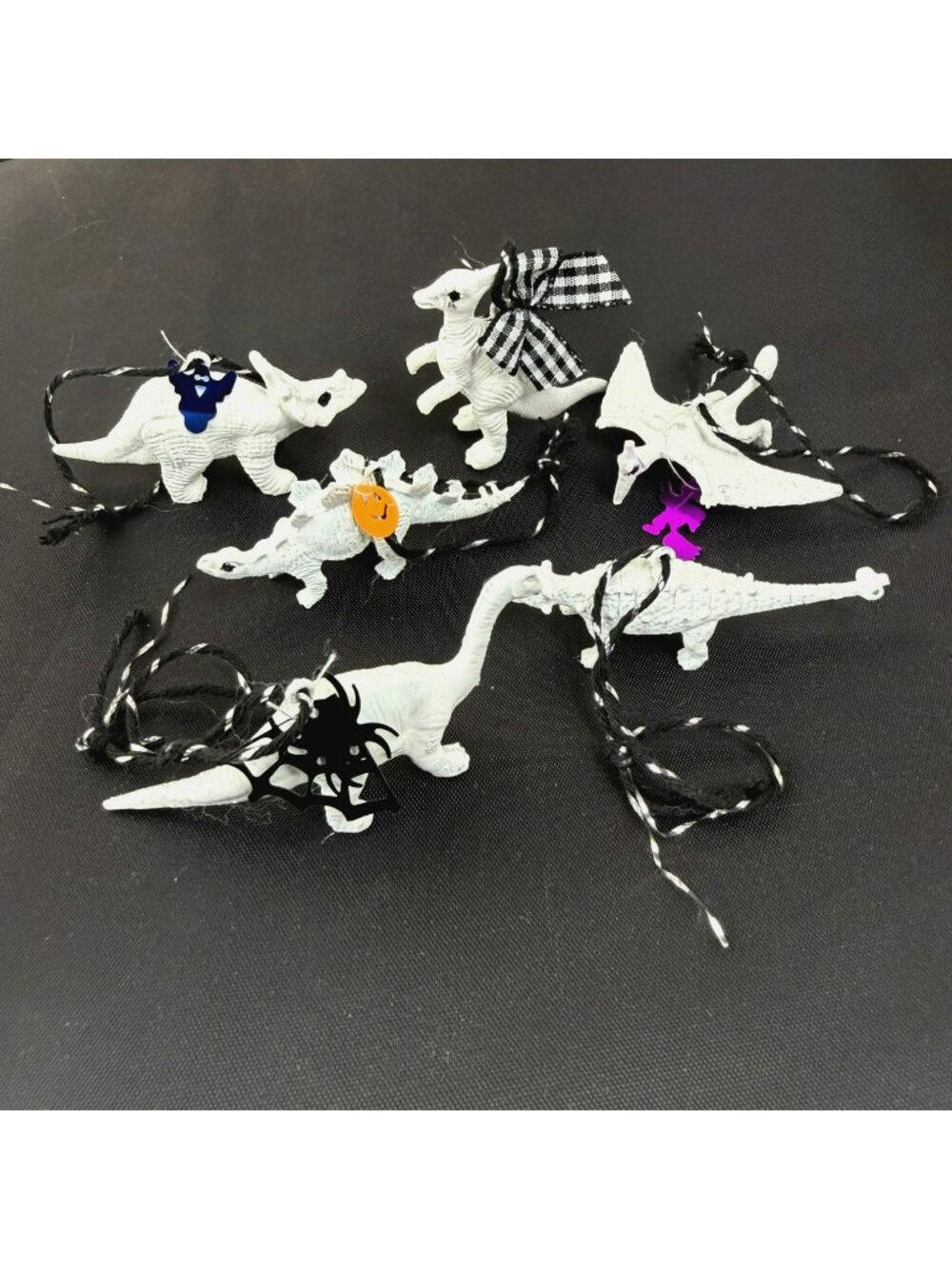 Hand Painted Halloween Dinosaur Ornaments Set of 6 White Dino Tree Decor